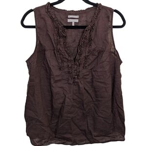 Old Navy Top Women's Plus Brown Ruffle Linen Cotton V-Neck Neutral Boho Size 1X